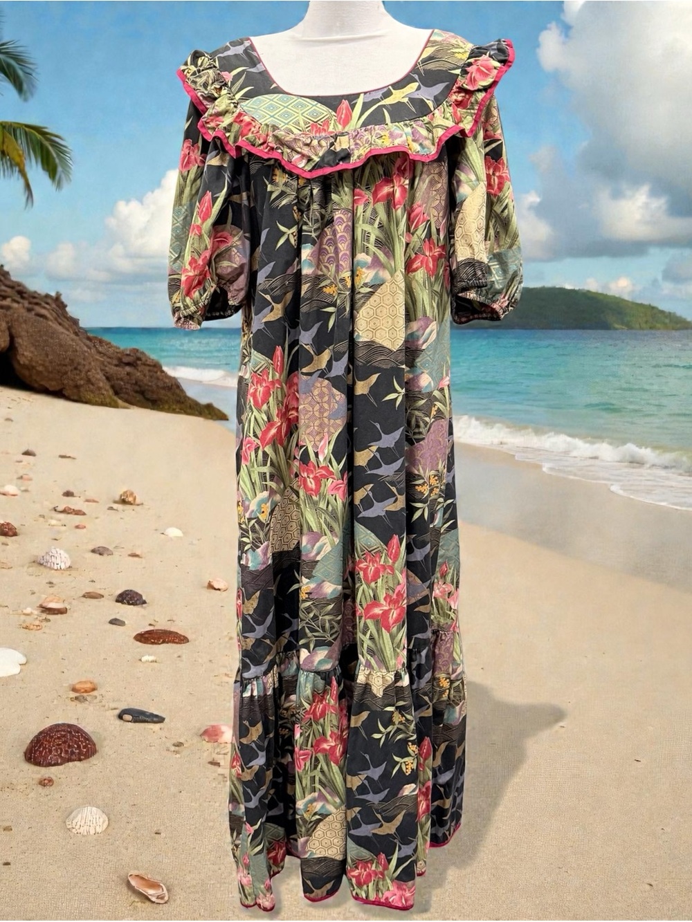 Sun Babies Sz L Muumuu Maxi Dress Hawaii Floral Cranes Ruffle Vacation Luau VTG
